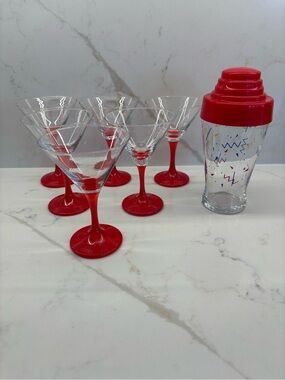 Vintage Red Stem Martini Glass & Memphis Style Geometric Pattern Cocktail Shaker